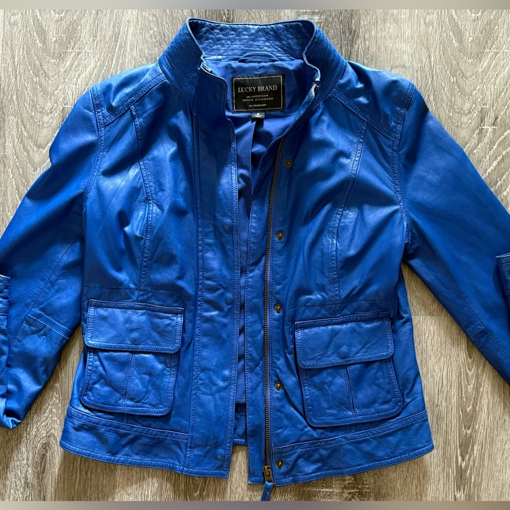 Lucky Brand blue leather bomber